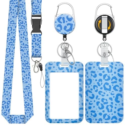 Uniclife Fashionable Sliding Badge Holder Blue Leopard Print Plastic Card Holder with Retractable Badge Reel Carabiner & Detachable Lanyard Strap Vertical Card Protector for Worker Teacher Student