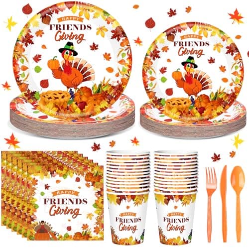 Romooa 168 Pcs Thanksgiving Party Supplies Disoposable Friendsgiving Tableware Set Turkey Paper Plates and Pumpkin Leaf Cups and Napkins for Fall Thanksgiving Friendsgiving Party Decorations