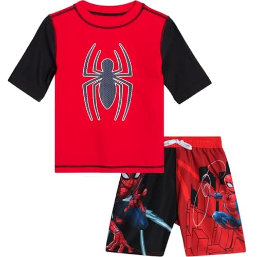 Marvel Boys Rash Guard Set 2 Piece Hulk Spiderman Spidey His Amazing Friends UPF50 Toddler Boys Swim Shirt Swim Trunks Size 1012 RedBlack Spider Man
