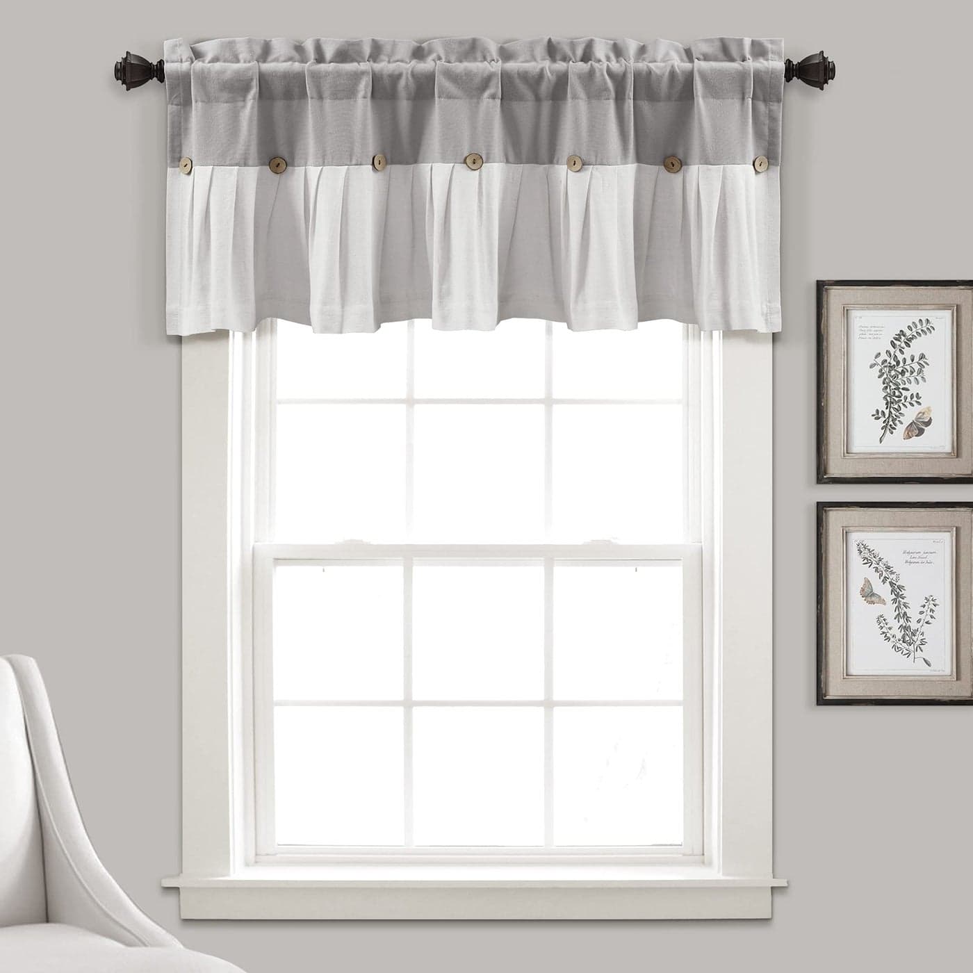 Lush Decor Linen Button Farmhouse Valance 52 W x 18 L Gray Offwhite Kitchen Curtains Valances Rustic Color Block Design With Husk Button