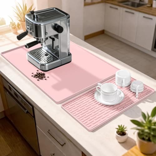 Rnivvi Silicone Coffee Mat Set, 16" x 24" Waterproof Raised Edge Coffee Bar Mats for Espresso Machine Station Accessories, Heat Resistant Detachable Dish Drying Pad for Kitchen Counter, Pink