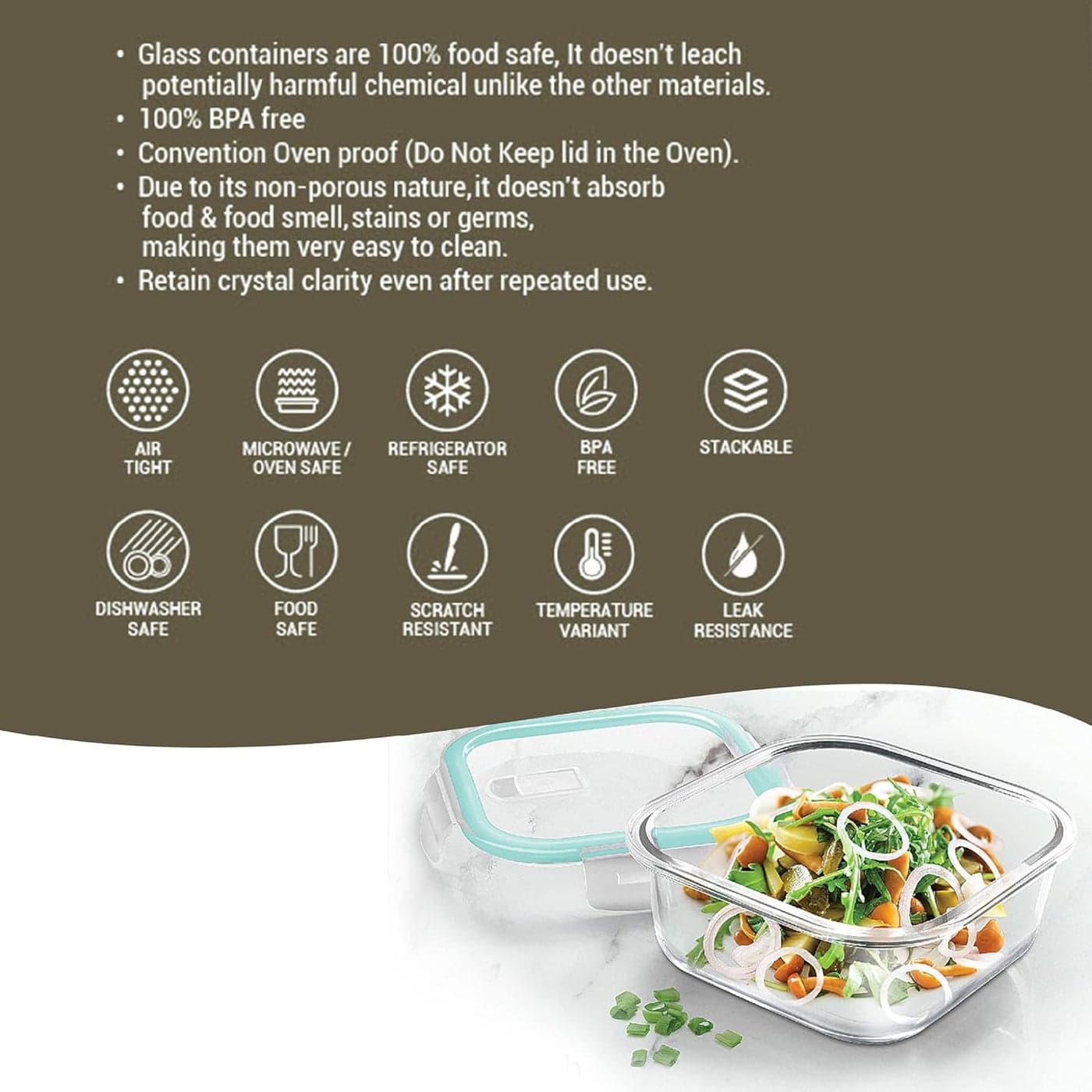 Treo Glass By Milton Hi Borosilicate Clip Fresh Square Container, Set Of 2, 1200 Ml Each, Transparent Air Tight Microwave Safe Oven Safe Refrigerator Safe Bpa Free Stackable Dishwasher Safe
