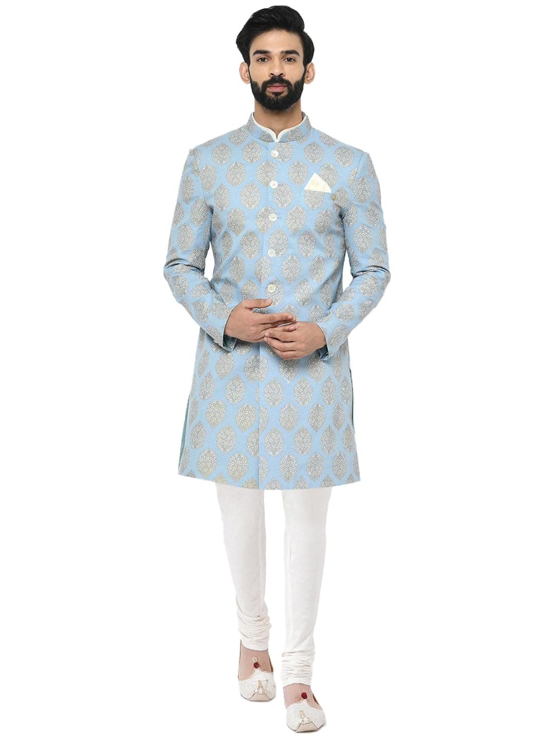 KISAH Sherwani for Men Wedding – Printed Indo Western Sherwani with Churidar | Designer Ethnic Outfit for Groom & Festivals, Blue, 38