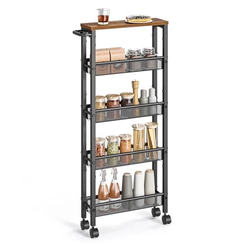 VASAGLE Slim Rolling Cart 5Tier Storage Cart Narrow Carts with Handle 51 Inches Deep Metal Frame for Kitchen Dining Room Living Room Home Office Rustic Brown and Classic Black ULRC034B01