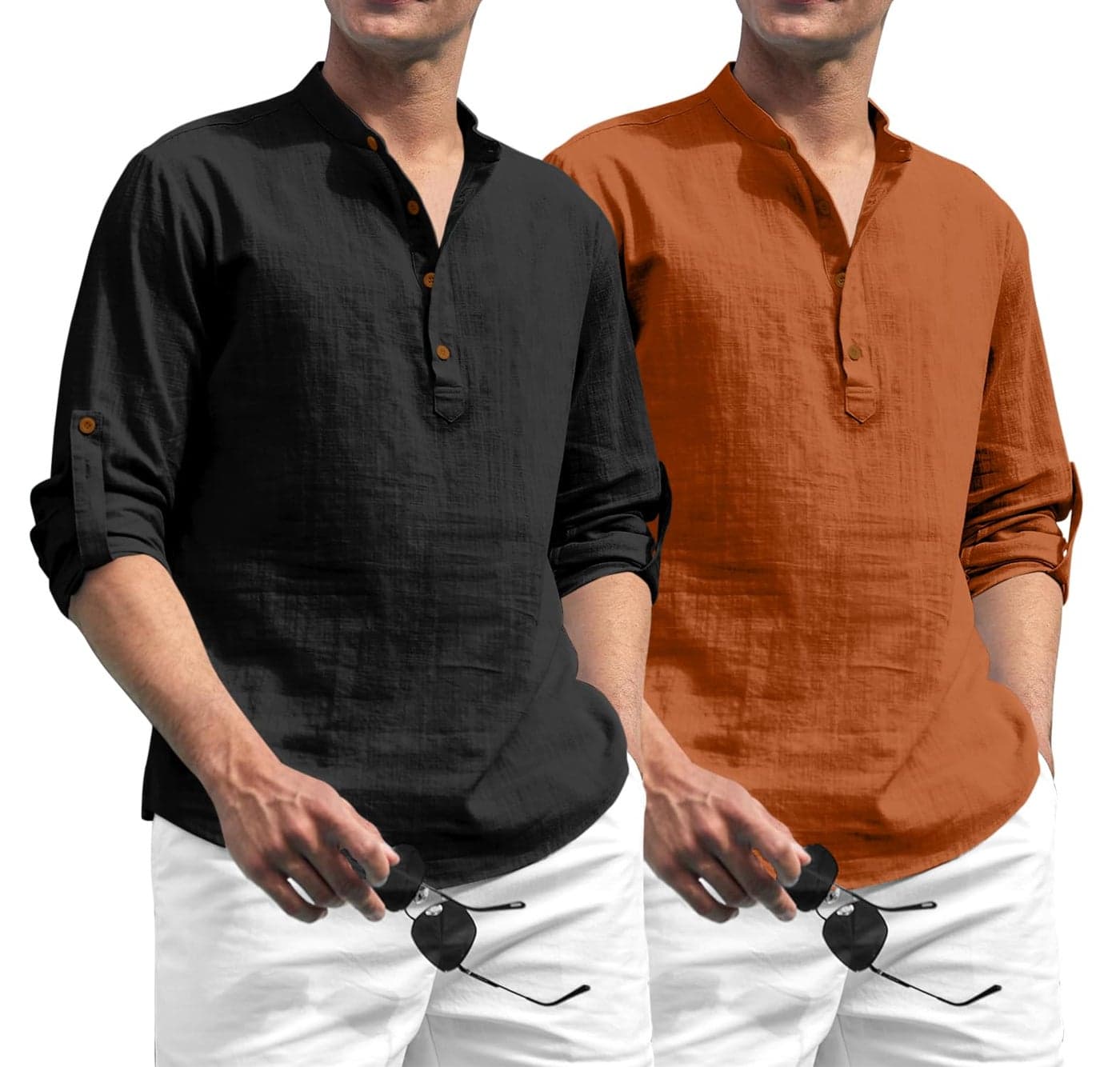 Zombom Combo of Men's Solid Cotton Polyester Blend Full Sleeve Straight Kurta Shirt (Pack of 2) Black-Brown