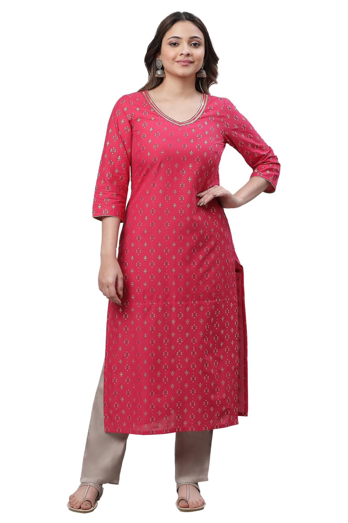 Aurelia Pink Geometric Printed Printed Cotton Straight Long Kurta with Lace