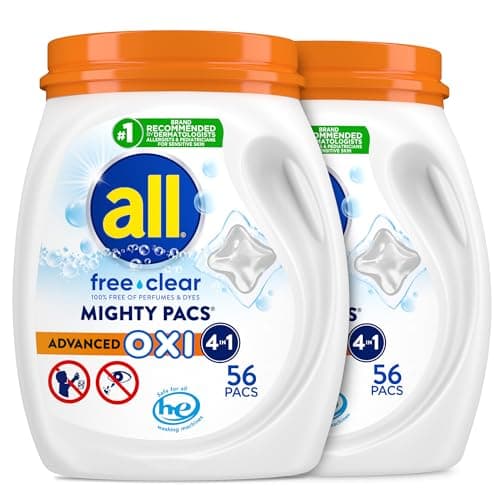 all free clear, Advanced OXI, MIGHTY PACS, Laundry Detergent Pacs, Stainfighting, Unscented and Hypoallergenic for Sensitive Skin, 56 Count (Pack of 2)