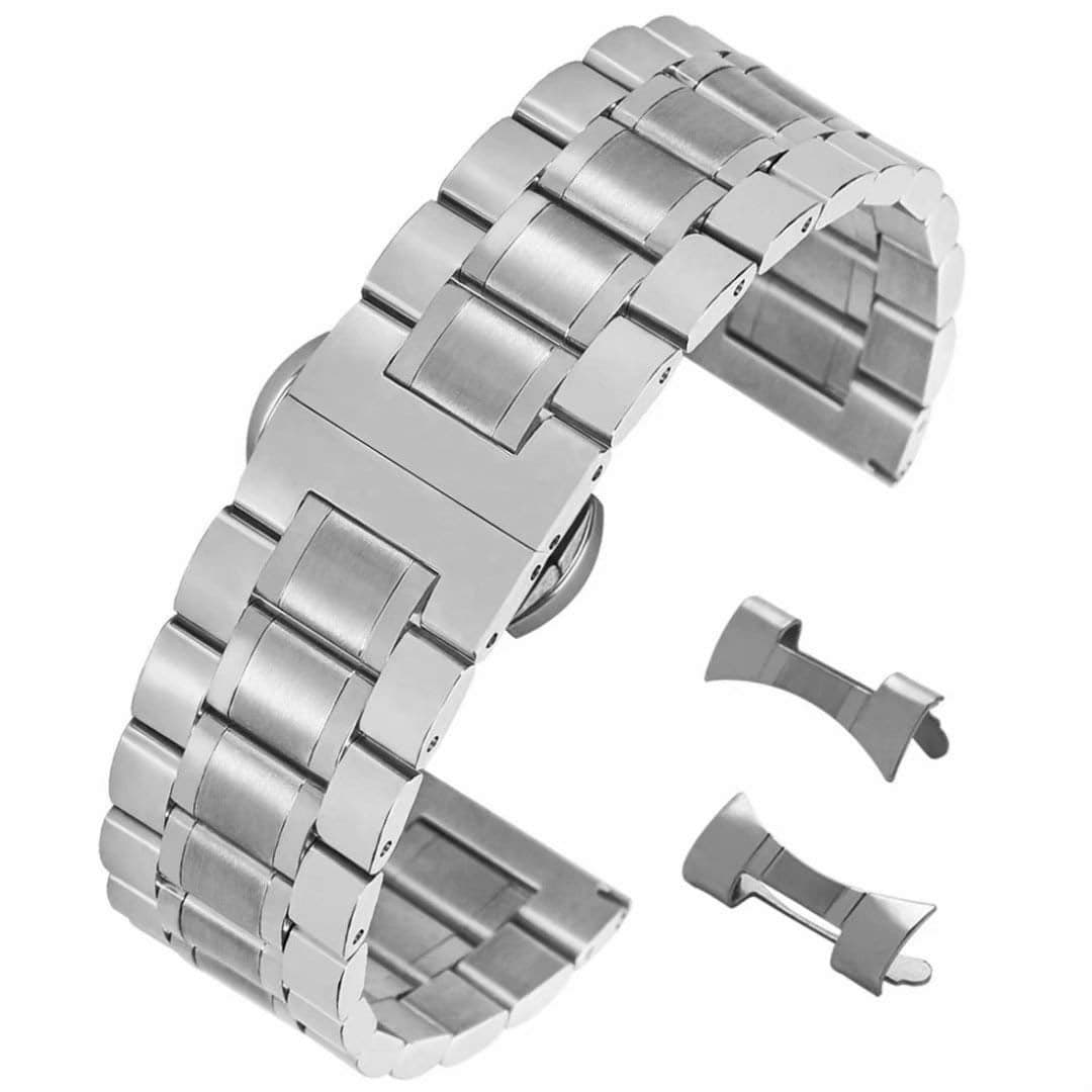 AUTULET 22mm Universal Curved End Metal Watch Band Solid 304 Stainless Steel Adjustable Silver SS Watch Strap Watch Band