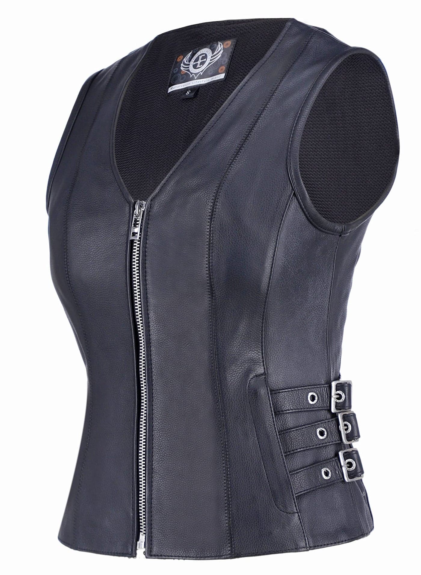 True Element Womens Zipper Front VNeck Quality Motorcycle Leather Vest for Female Bikers Black Size XLarge