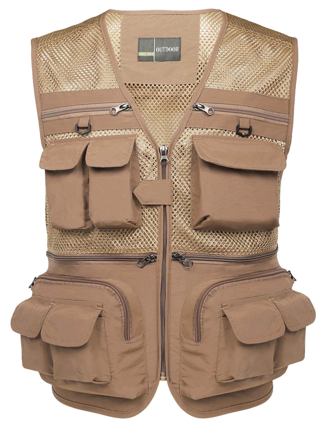 Flygo Men's Fishing Vest Utility Lightweight Outdoor Travel Safari Photo Cargo Vest with 16 pockets mesh Khaki L