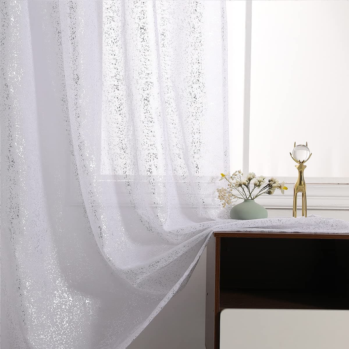 TERLYTEX Sheer Sparkle Curtains for Living Room Chic Glitter White Sheer Curtains 84 Inch Length Metallic Silver Foil Shiny Privacy Sheer Window Curtains 52 x 84 Inch 2 Panels Silver White