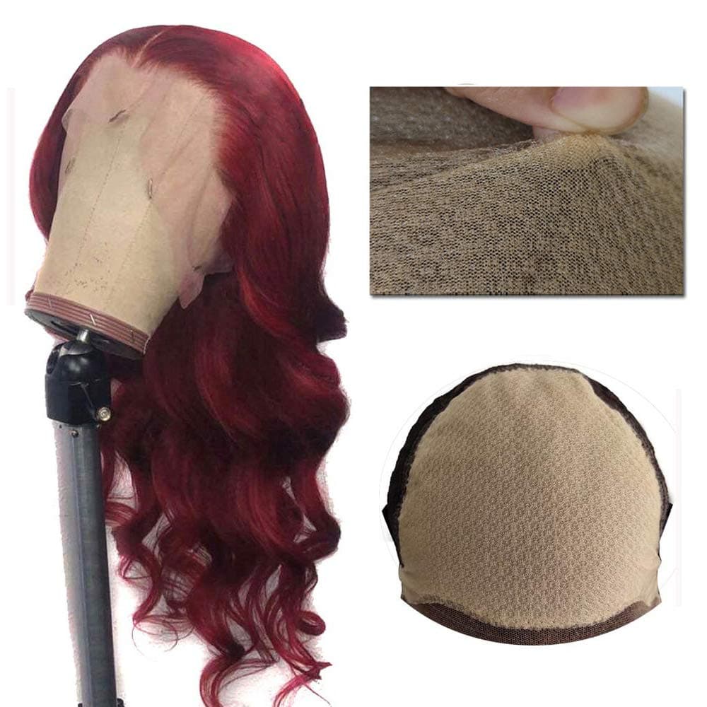 oulaer Wig Burgundy 99J Invisible Fake Scalp Cap Lace Front Human Hair Wigs Brazilian Remy Hair Natural Hairline 13x4 Deep Part Body Wave Bleached knots 14 Inch