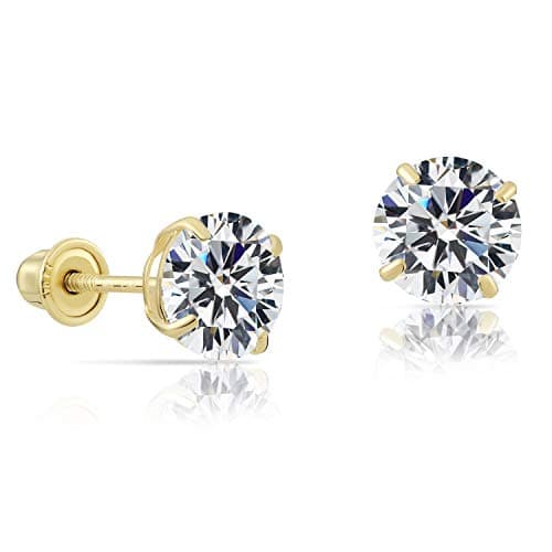 14k Yellow Gold Solitaire Round Cubic Zirconia Stud Earrings in Secure Screw-backs (7mm)…