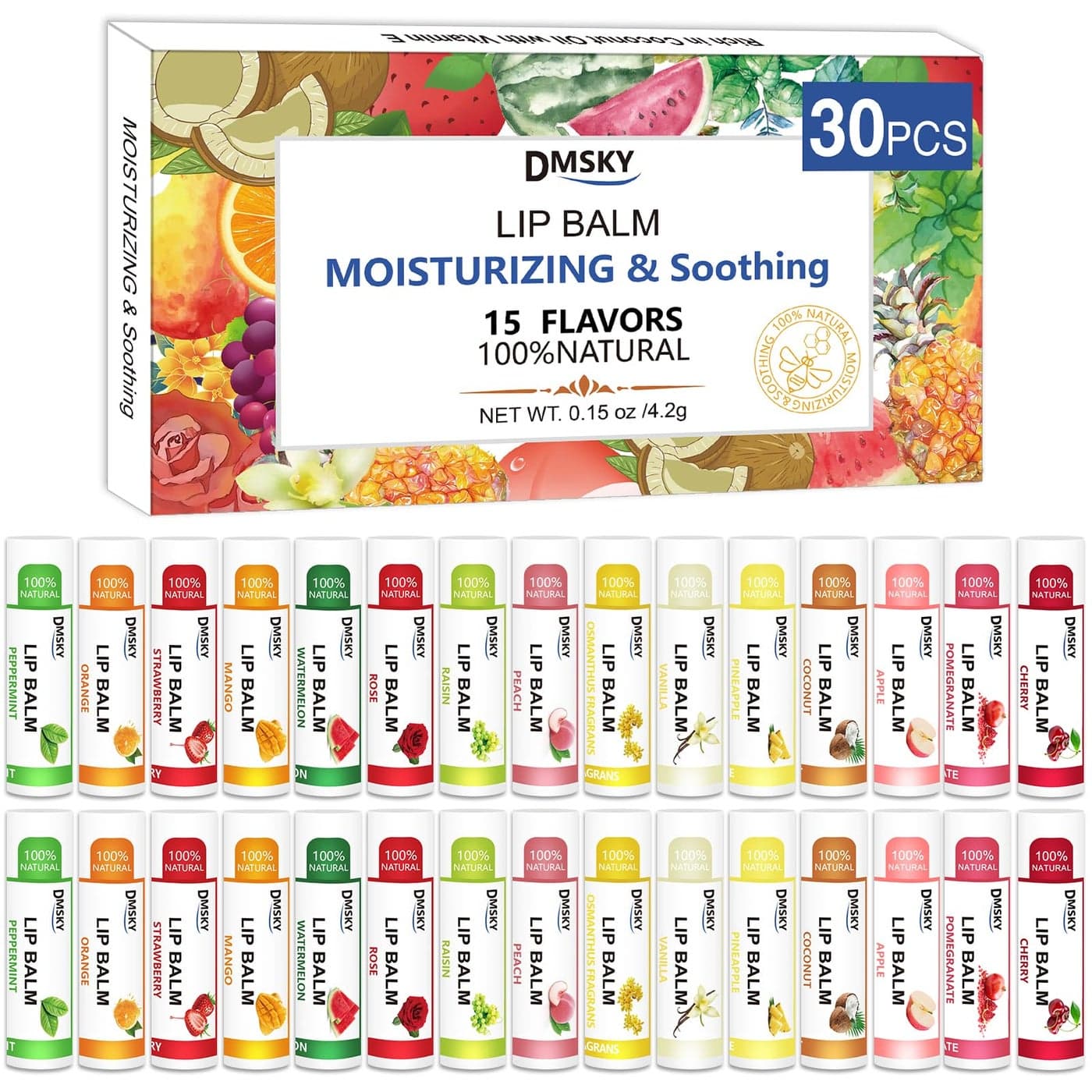 Dmsky DMSKY 30 Pack Lip Balm Natural Lip Balm Bulk with Vitamin E and Coconut Oil 15 Flavors Lip Care Product Moisturizing Soothing Chapped Lips