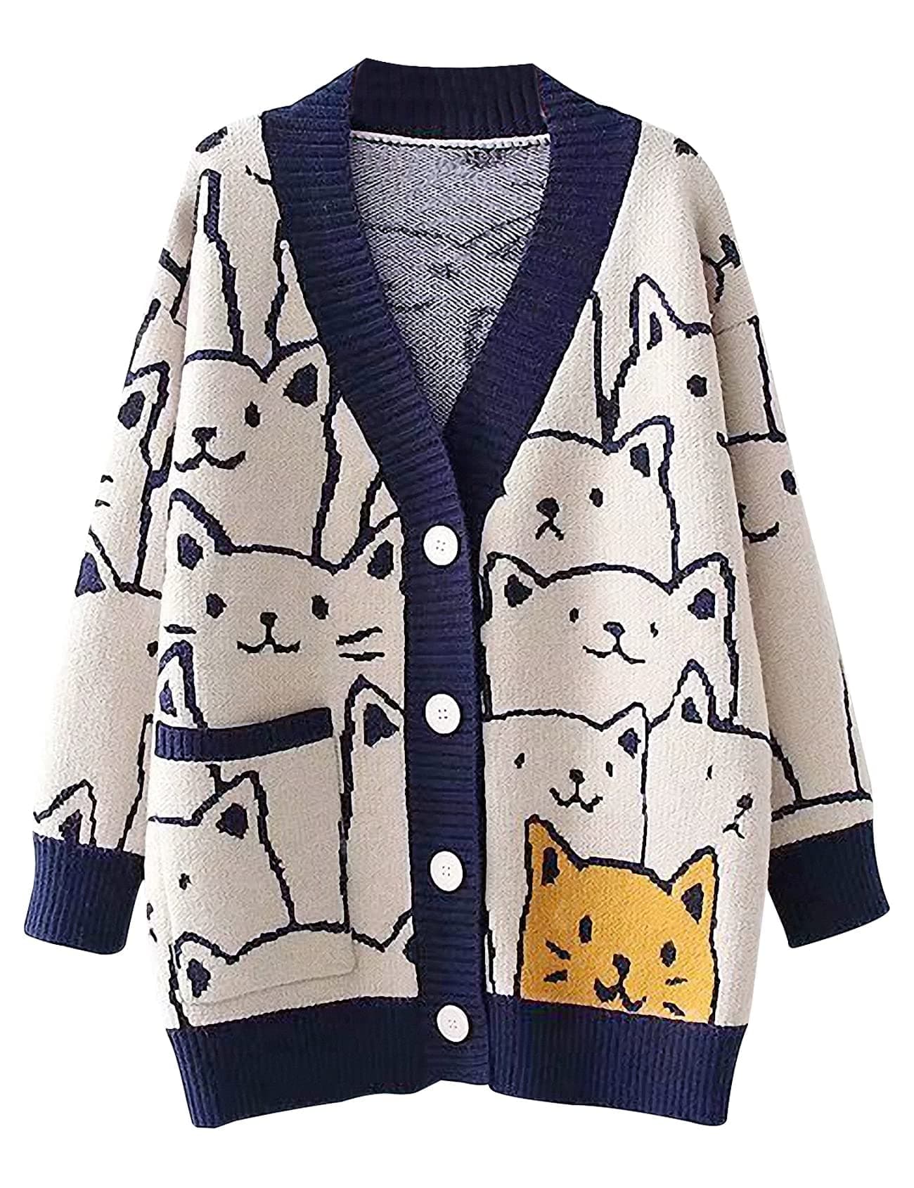 Arssm Cat Sweater for Women Oversized Button Down V Neck Cable Knit Sweater Cute Kawaii Cartoon Cardigan CoatNavy3XL