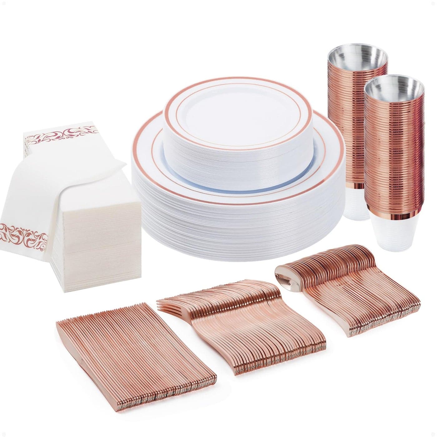 BESTVIP 175PCS Rose Gold Disposable Dinnerware Set for 25 Guests Plastic Plates for Party Wedding Include 50 Plastic Plates 25 Rose Gold Silverware 25 Cups 25 Napkins