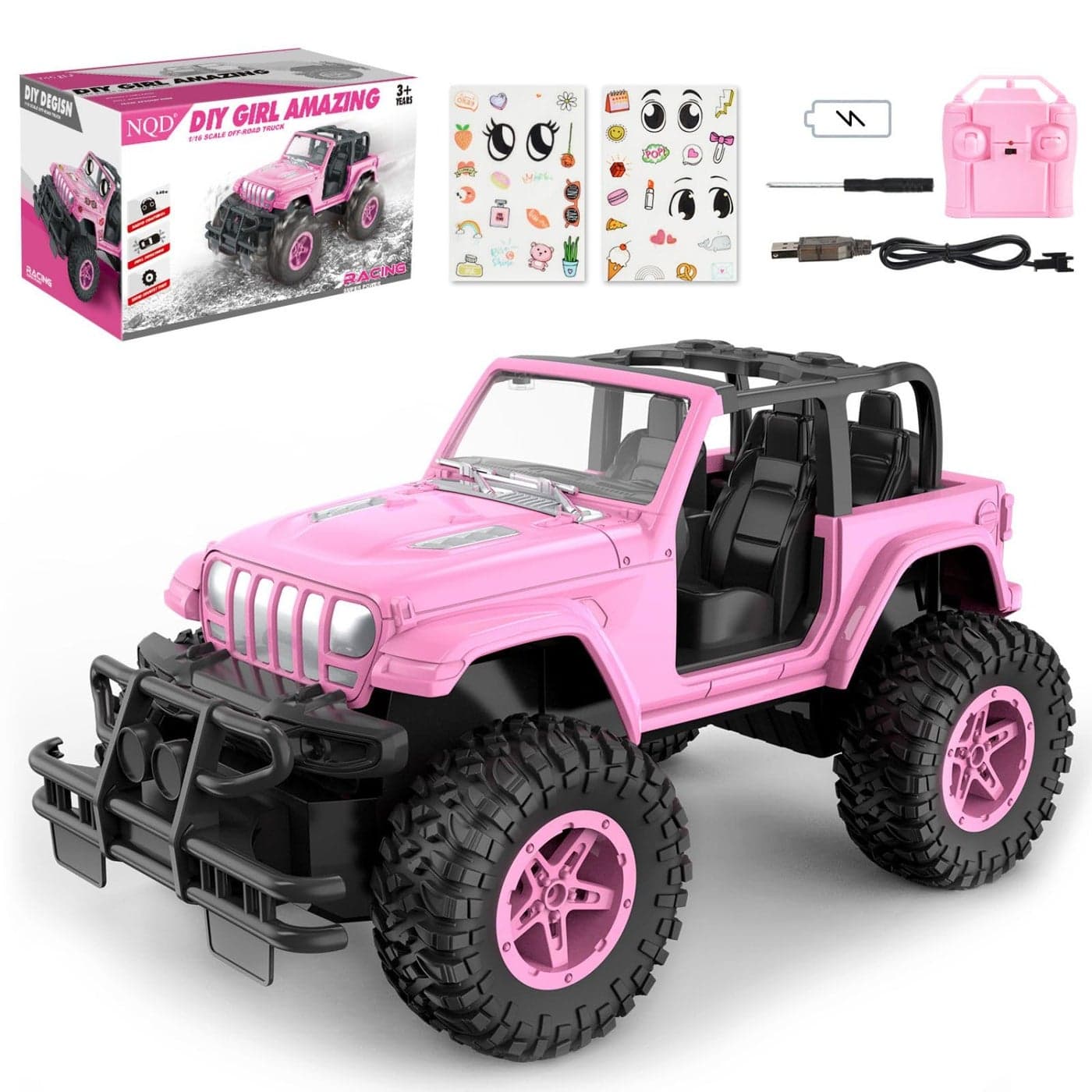 NQD Remote Control Car Rechargeable RC Racing Cars with Stickers 116 Scale 80 Min Play 24Ghz Off Road Trucks All Terrain Toys Gifts for 3YearOld Girls
