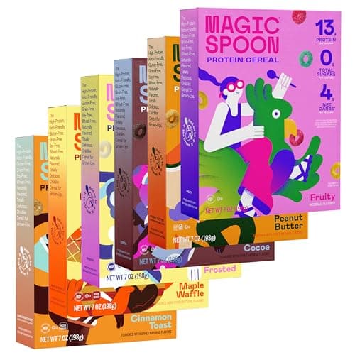 Magic Spoon Cereal - High Protein Cereals - Sugar Free Snacks - Grain & Gluten Free Cereal - Low Carb & Keto Friendly - 6 Pack: Fruity, Cocoa, Frosted, Peanut Butter, Cinnamon Toast, Maple Waffle