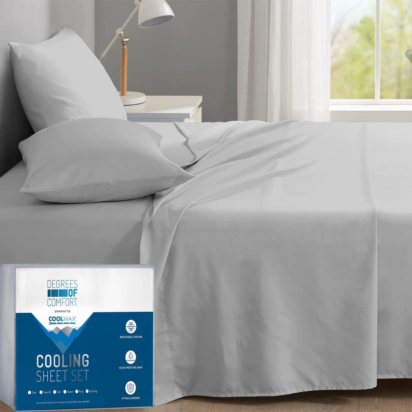 Degrees of Comfort Coolmax King Size Sheets Set 4 Pieces Hotel Luxury Cooling Bed Sheet for Hot Sleepers Super Soft 14 Inch Deep Pocket Light Grey