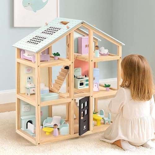 Pillowhale Wooden Dollhouse 6 Rooms Doll House with 38 Pcs Furniture Set DIY Pretend Modern Playhouse 3Story Kids Dollhouse Ideal Gift for Kids Ages 3