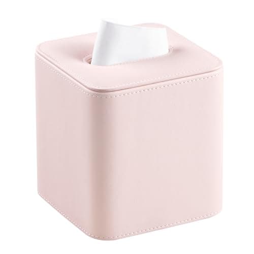 MEIBOOCH PU Leather Tissue Box Cover with Magnetic Closure Square Tissue Box Holder with Rounded Edges Design Pink Square
