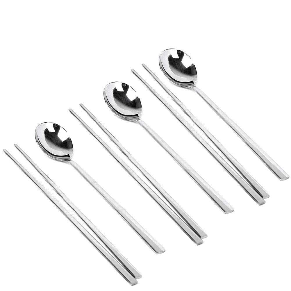 YAPULLYA Polished Stainless Steel Spoons and Chopsticks Set Korean Chopsticks and Spoons tableware with longhand Reusable set of 3silver