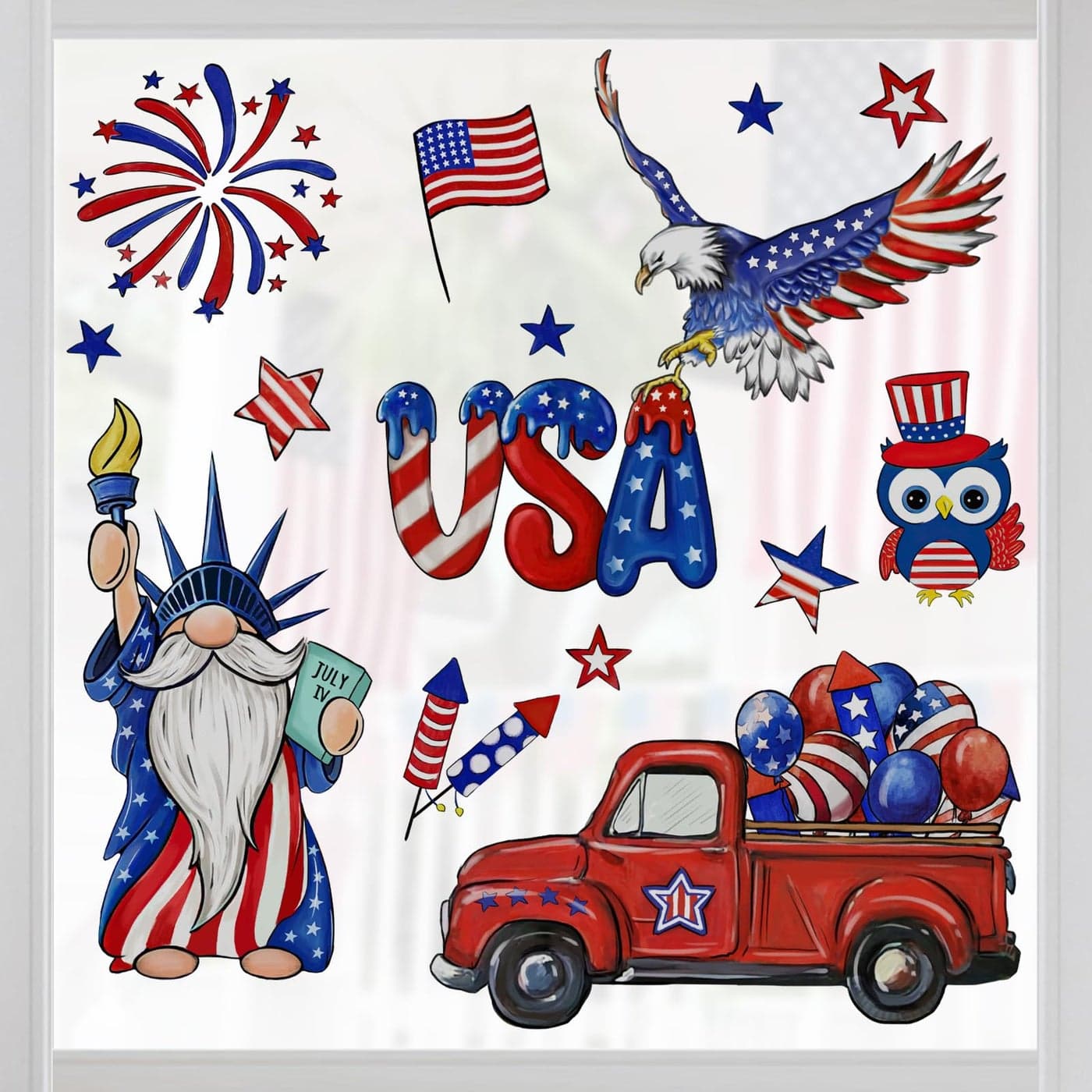 Yovkky 4th of July USA The Statue of Liberty Window Clings 4 Sheets Patriotic America Red Truck Eagle Owl Stickers Decals Decor American Fireworks Balloons Stars Stripes Home Kitchen Decorations