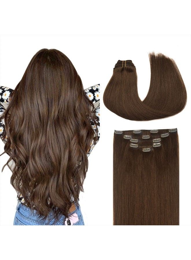Hair Extensions Clip in Human Hair, 14 Inch 75g 5pcs MAXITA Chocolate Brown Clip in Hair Extensions, Real Human Hair Extensions Clip in Straight Natural Hair Extensions