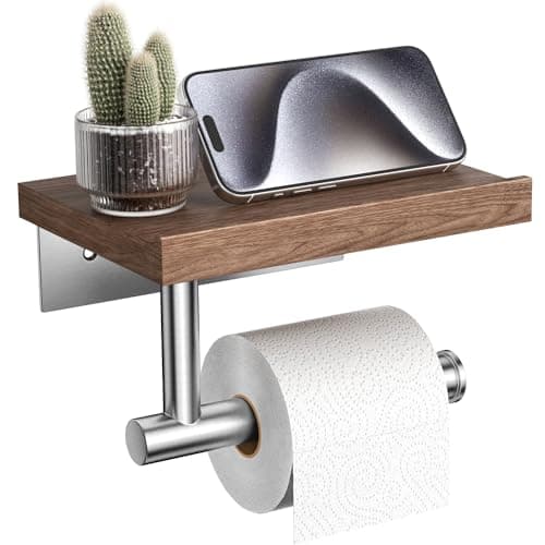 Tindbea Toilet Paper Holder with Wood Shelf Wooden Wall Mount Tissue Paper Roll Holder Brushed Nickel Stainless Steel Bathroom Accessories Decor Household Home Apartment Restroom Essentials Walnut