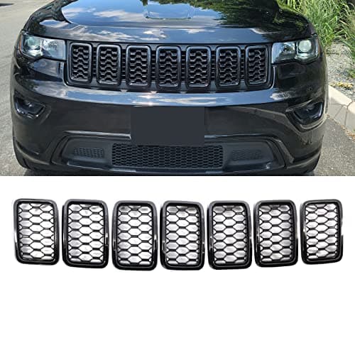 KYYET 7PCS Gloss Black Honeycomb Mesh Front Grill Inserts Trim Rings kits Compatible with 2017 2018 2019 2020 2021 Jeep Grand Cherokee