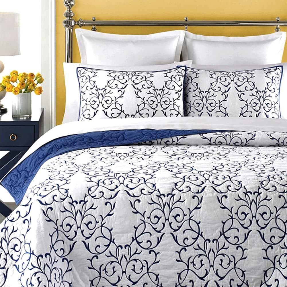 Mixinni Reversible Quilt 3Piece Blue Embroidery Pattern Elegant Quilt Set with Embroidered Decorative Shams Soft Bedspreads Coverlet Set FullQueen