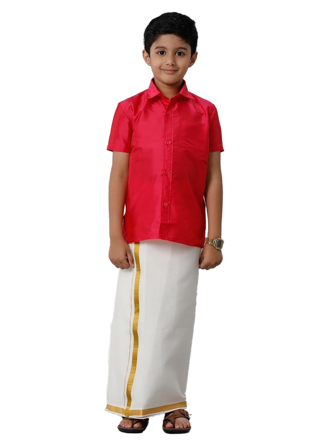 RAMRAJ COTTON Boys Silk Cotton Shirt with White Color Adjustable Dhoti(Red_2;9-10 Years)