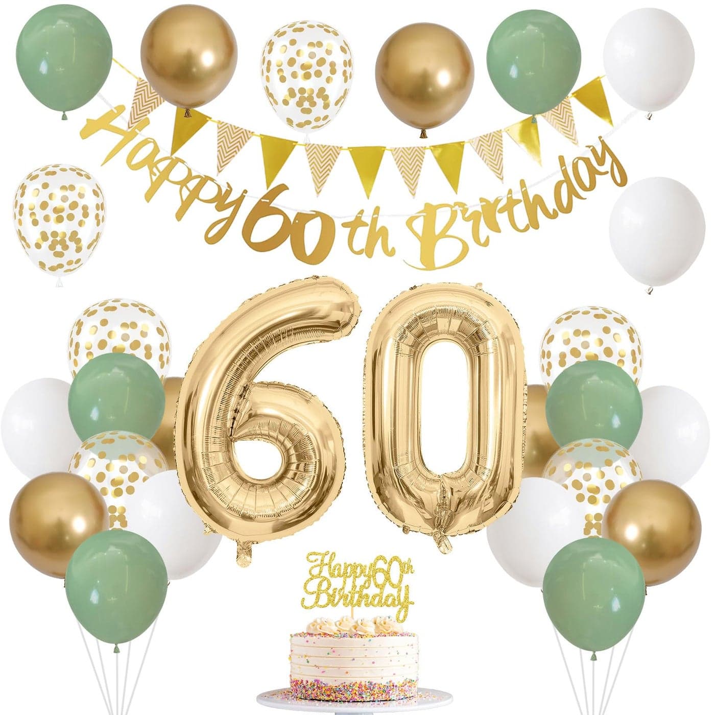 60th Birthday Decorations for Men Women Sage Green White Gold Balloons With Happy 60th Banner Cake Topper Number 60 Foil Balloon for 60 Year Old Party Decoration