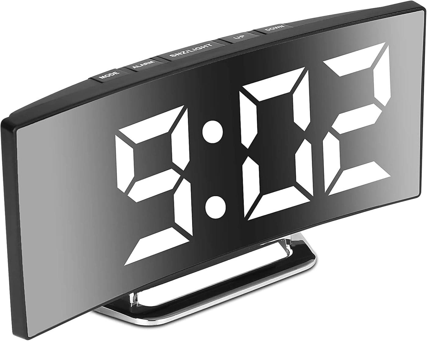 Reacher Curved Mirror Digital Alarm Clock, 7 Inch LED Mirror Screen Alarm Clock on Bed, Snooze Mode, 2 Brightnesses, Alarm Clock for Bedroom, Kitchen, Office, USB Charging and Battery Power