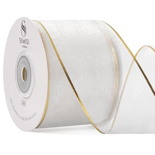 White Christmas Ribbon Wired Sheer Organza Ribbon with Gold Sliver Border for Christmas Tree 25 Inch 25 Yards