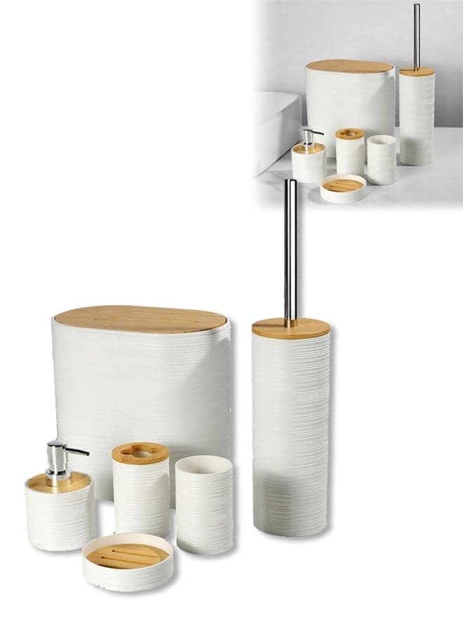 6Pcs Bathroom Accessory Set,Bamboo Bath Ensemble, Sturdy And Durable,with Garbage Can, Soap Dish,Toilet Brush, Mouthwash Cup, Lotion Bottle, Toothbrush Holder,Suitable for Family and Travel Use