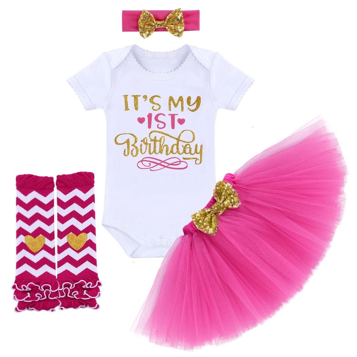 ODASDO Its My 1st Birthday Outfit Newborn Infant Baby Girl First Birthday Cake Smash Set One Year Party Princess Dress Bodysuit Romper Tutu Skirt Sequin Bowknot Headband Leg Warmers Hot Pink