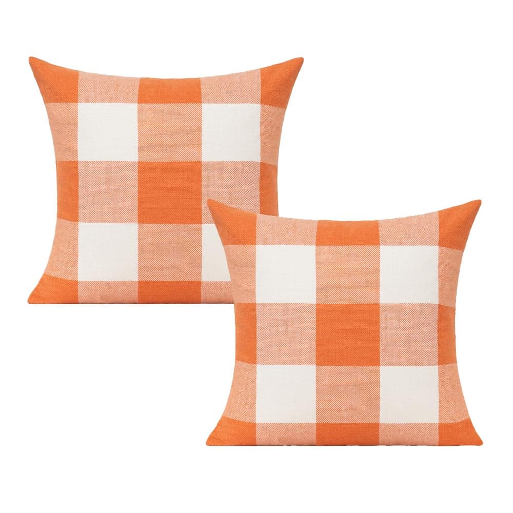 VAKADO Fall Outdoor Decor Throw Pillow Covers 18x18 Set of 2 Orange Buffalo Plaid Thanksgiving Front Porch Farmhouse Rustic Cushion Autumn Home Decorations for Couch Sofa Living Room