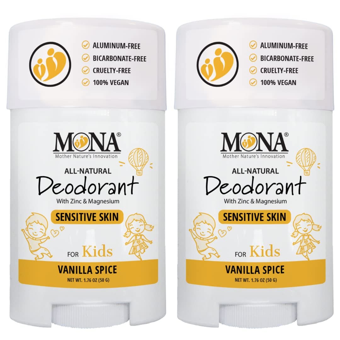 MONA BRANDS 100 Natural Deodorant for Kids For Girls Boys Sensitive Skin No Baking Soda No Aluminum Vegan NonGMO Gluten and Cruelty free 2PK VANILLA SPICE 176 Oz each