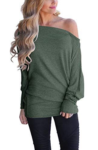 Lacozy Women's Sexy Off Shoulder Tops Long Sleeve Loose Oversized Pullover Sweater Knit Jumper Green M