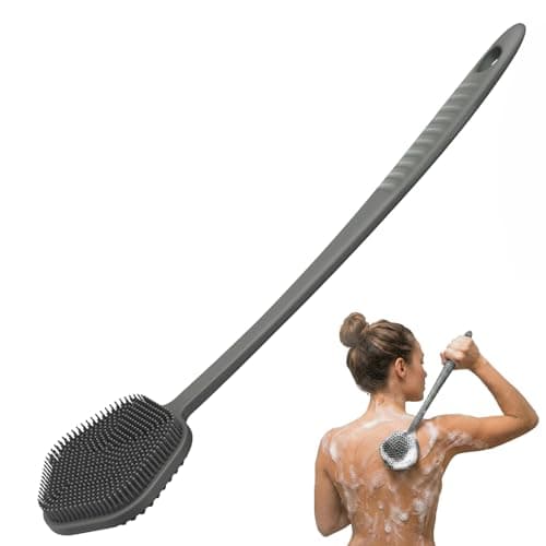 Redfly Silicone Back Scrubber for Shower Brush 17 inch Long Handled Silicone Body Scrubber for Men Women Double Sided Shower Scrubber for Body Brush Exfoliator and Massage Gray