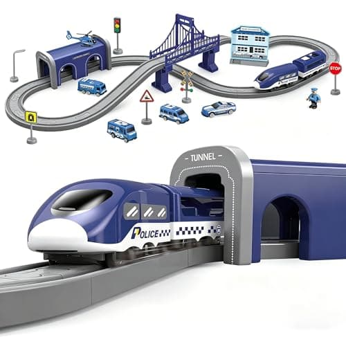 Wdmiya Train Sets for Toddlers 66 Pcs Trains Toy with Battery Operated Tracks Magnetic Connection Compatible with Thomas Brio Christmas Toy Gifts for 3 4 5 6 7 8 Years Old Police