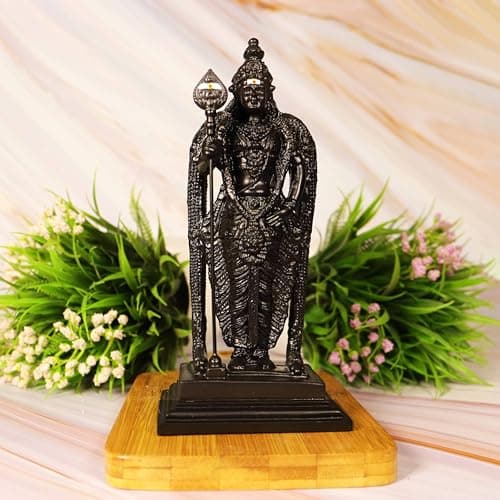 Spillbox Natural Black Unpolished Karungali Wood Murugan Idol | Original Ebony Wood | Kathikeyan Statue | Gift | Velan for Home Decor | Tabletop for Pooja | Puja