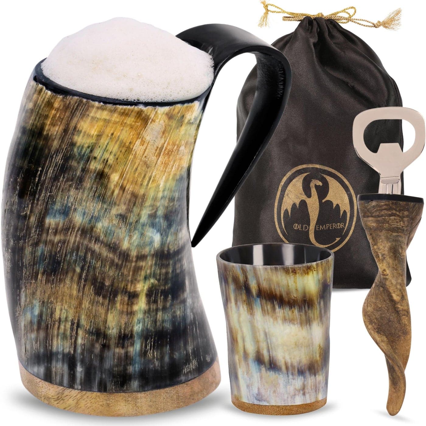 OLDEMPEROR Viking Drinking Horn Mug 1620oz Shot Glass and Bottle Opener Ultimate Unique Viking Gift for Men Women Food Grade Medieval Style Plain
