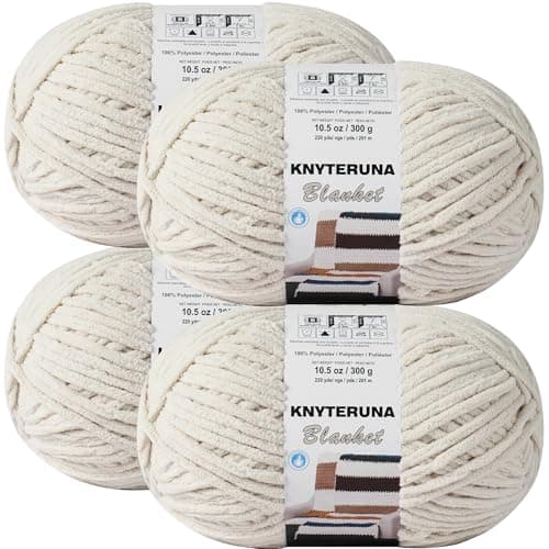 Knyteruna #6 Super Bulky Blanket Yarn for Crocheting - 4 Skeins(Each 10.5oz/300g, 220yds/201m), Chunky Chenille Thick Plush Big Soft Yarn for Crocheting Knitting Blankets, Beige White