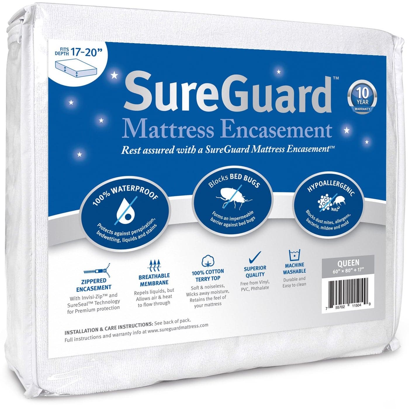 Queen (17-20 in. Deep) SureGuard Mattress Encasement - 100% Waterproof, Bed Bug Proof, Hypoallergenic - Premium Zippered Six-Sided Cover