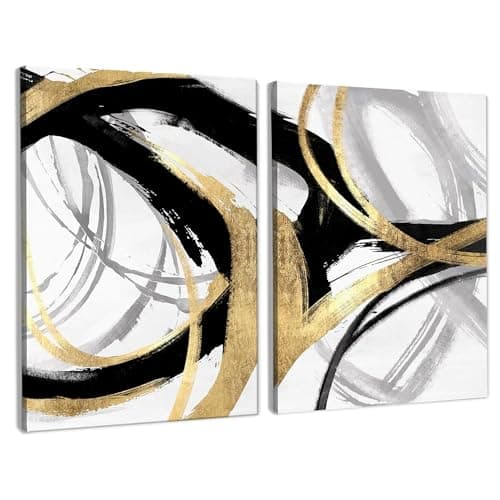 BearCake Abstract Black and Gold Wall Art Set of 2 11x14 Inches Framed Modern Black Gold and White Wall Decor Poster for Bedroom Living Room Oil Painting Abstract Pictures for Home Office Decor