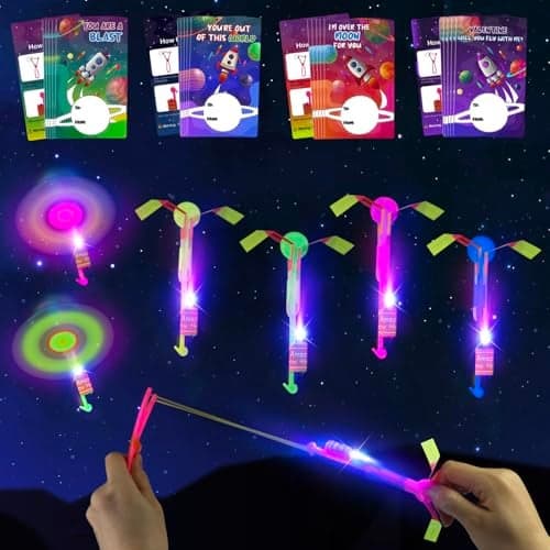 DEKWELL 24 Packs Valentines Day Cards for Kids School with LED Flying Set Toys Valentines Gifts for Kids ClassValentines Party Favors for Classroom