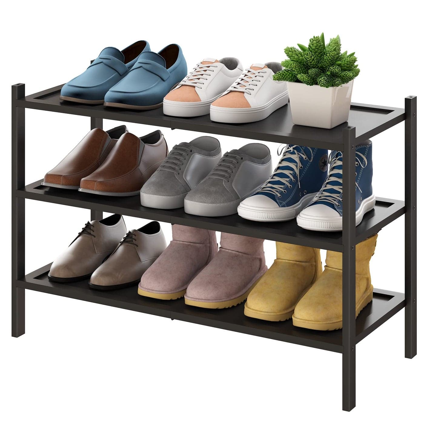 BMOSU 3Tier Bamboo Shoe Rack Premium Stackable Shoe Shelf Storage Organizer for Hallway Closet Living Room Entryway OrganizerBlack