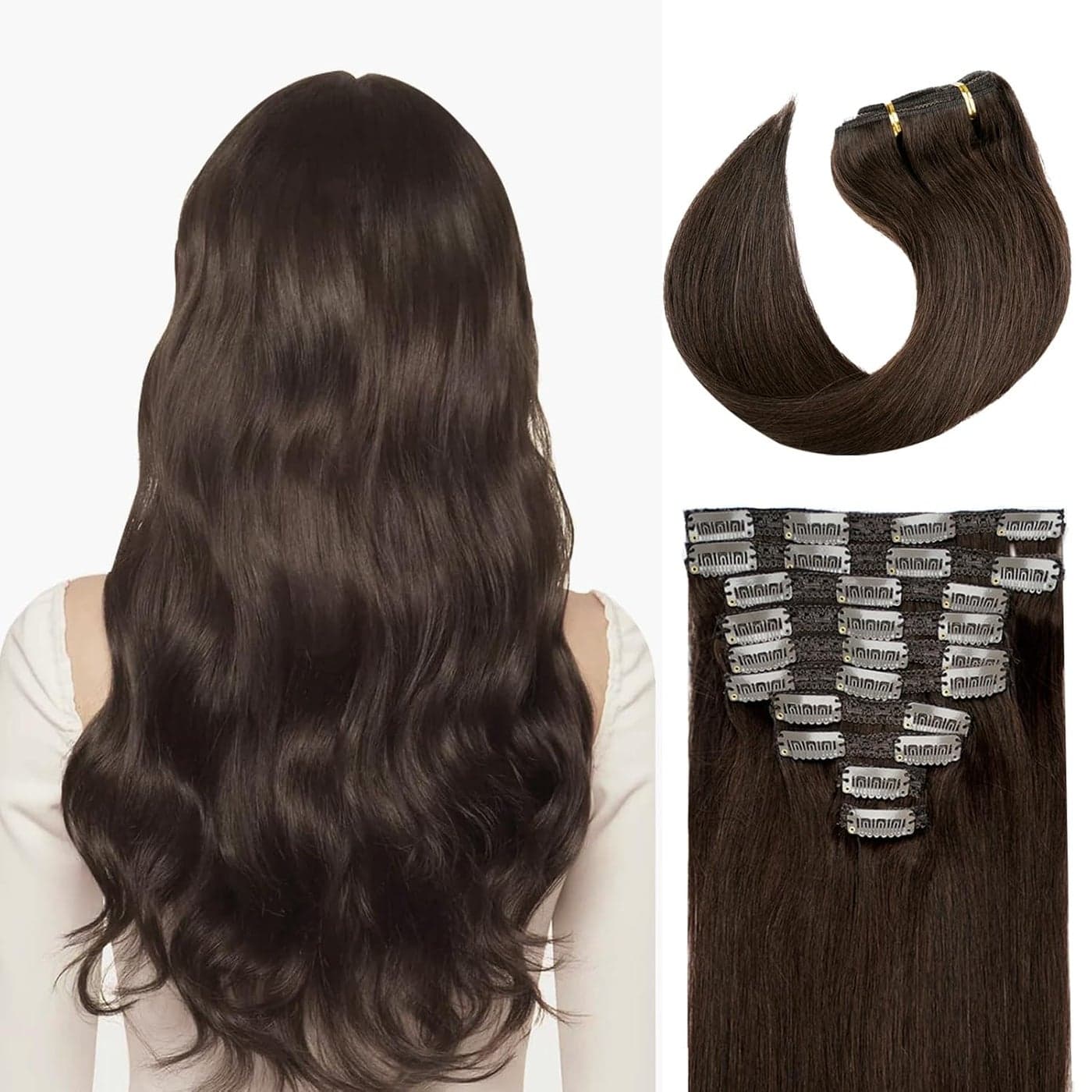 22 Clip in Human Hair Extensions Full Head 200g 10 Pieces 22 Clips 2 Dark Brown Double Weft Brazilian Real Remy Hair Extensions Thick Silky Straight 22 200g Dark Brown